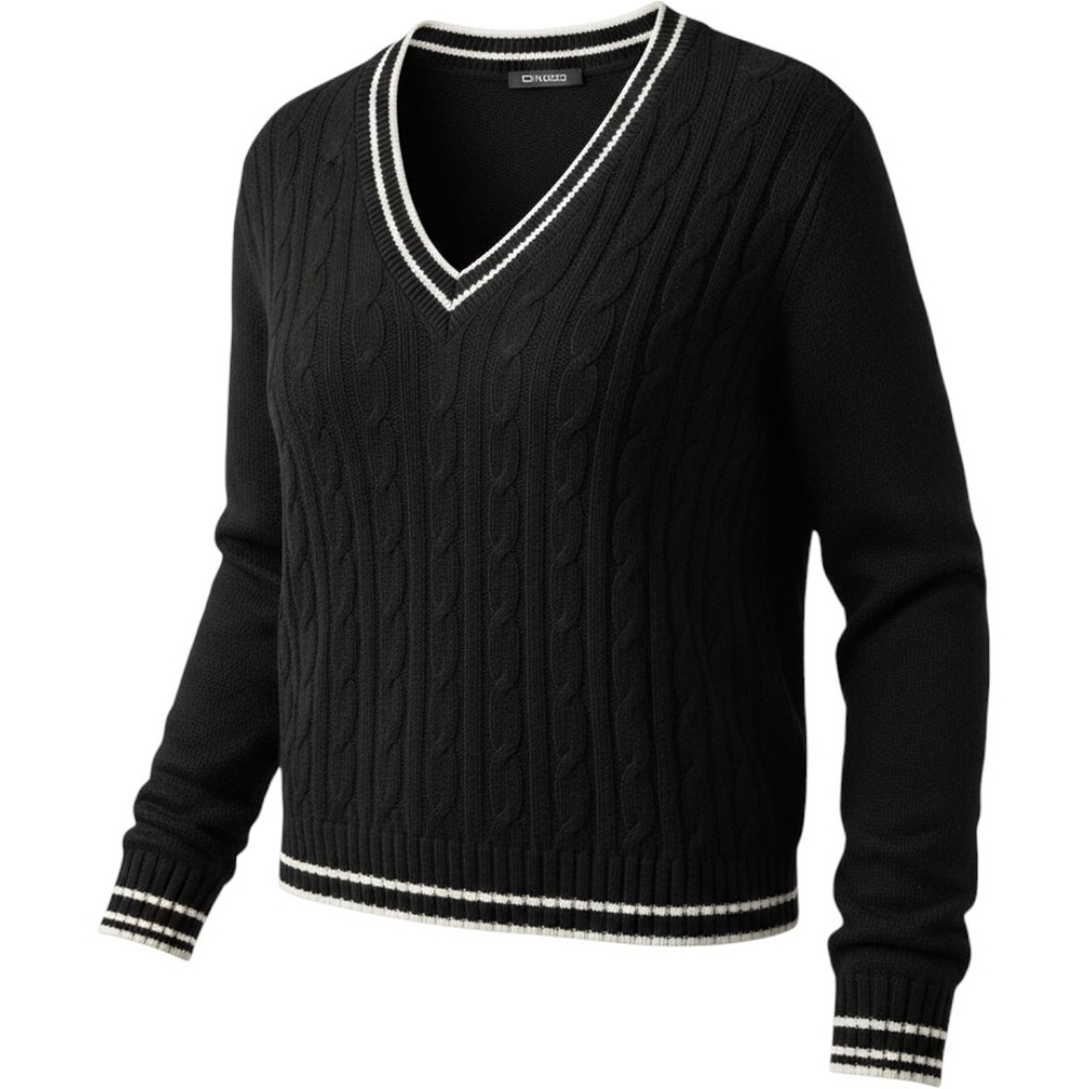 H&M Divided Black Cable Knit V-Neck Varsity Stripe Tennis Sweater Preppy Large